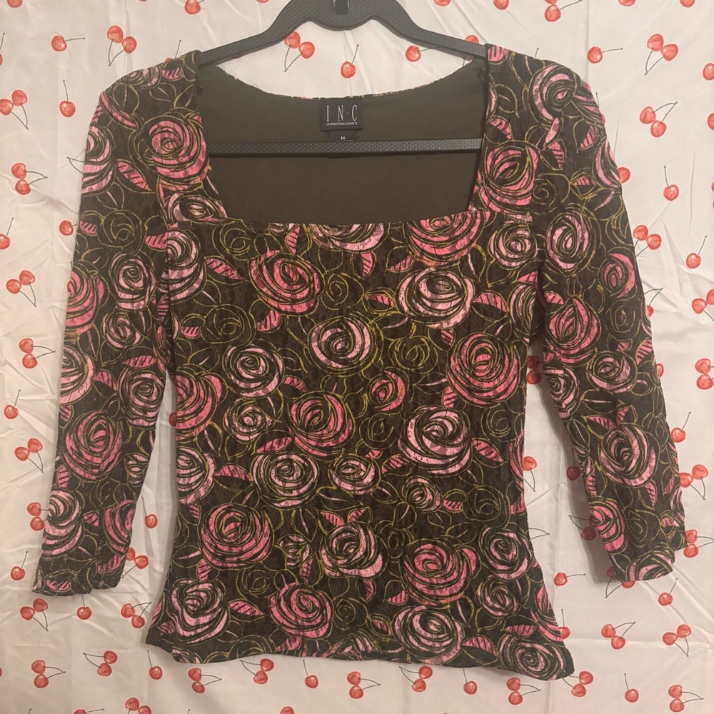 INC International Concepts Women's Rose Pattern Top - Pink and Olive